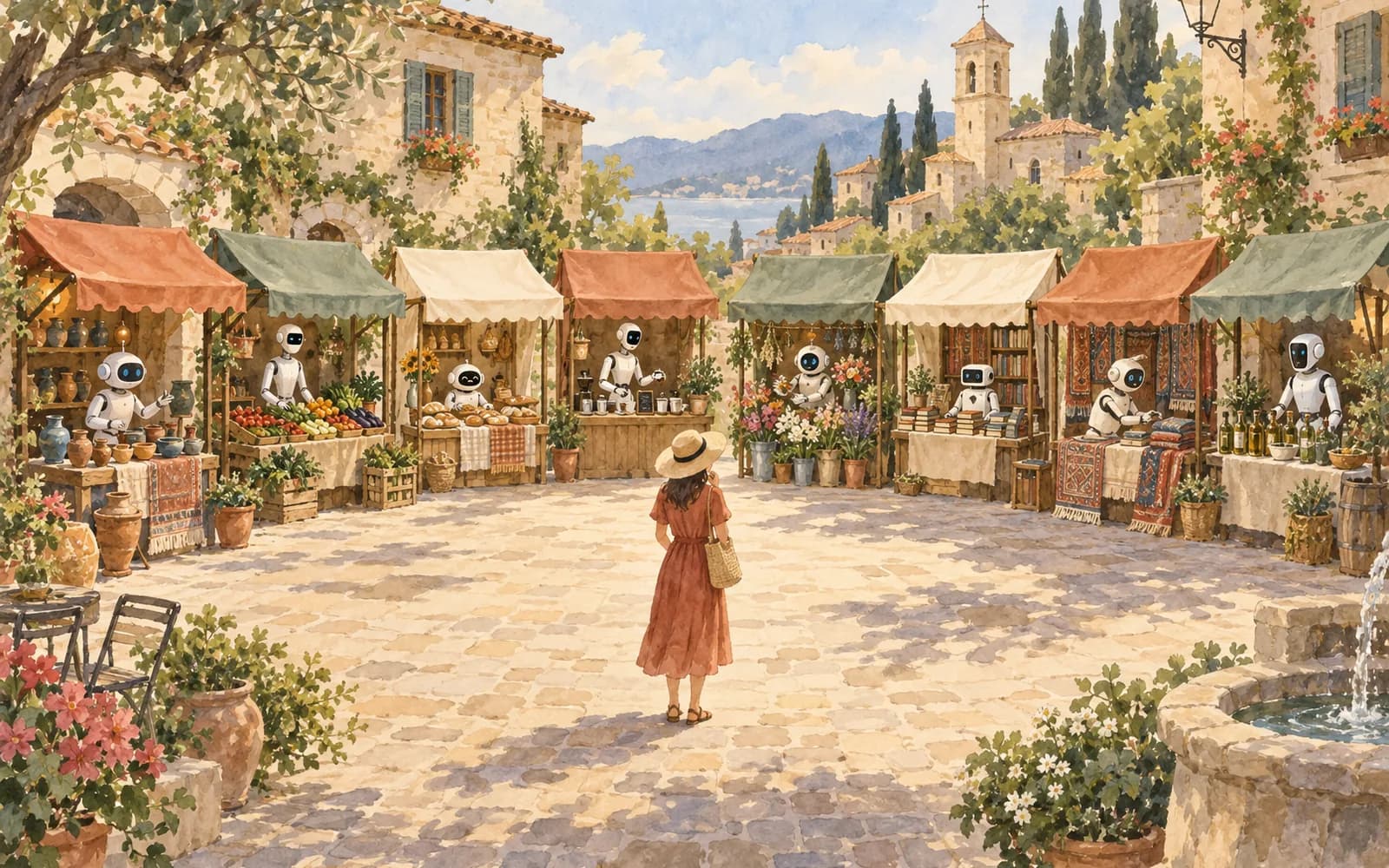 A shopper stands in a market square surrounded by eight small stalls, each attended by a different white robot assistant.