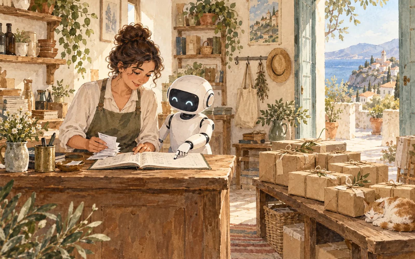 A shopkeeper and a white robot review a ledger and receipts beside a bench of wrapped parcels ready to ship.