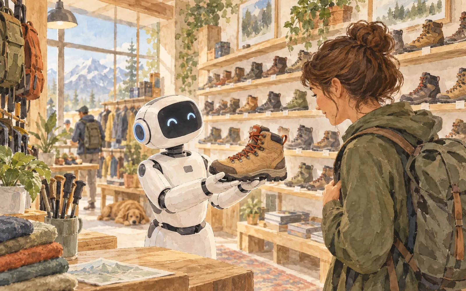 A white robot assistant offers one tan hiking boot to a shopper while a wall of other boots fades behind them.