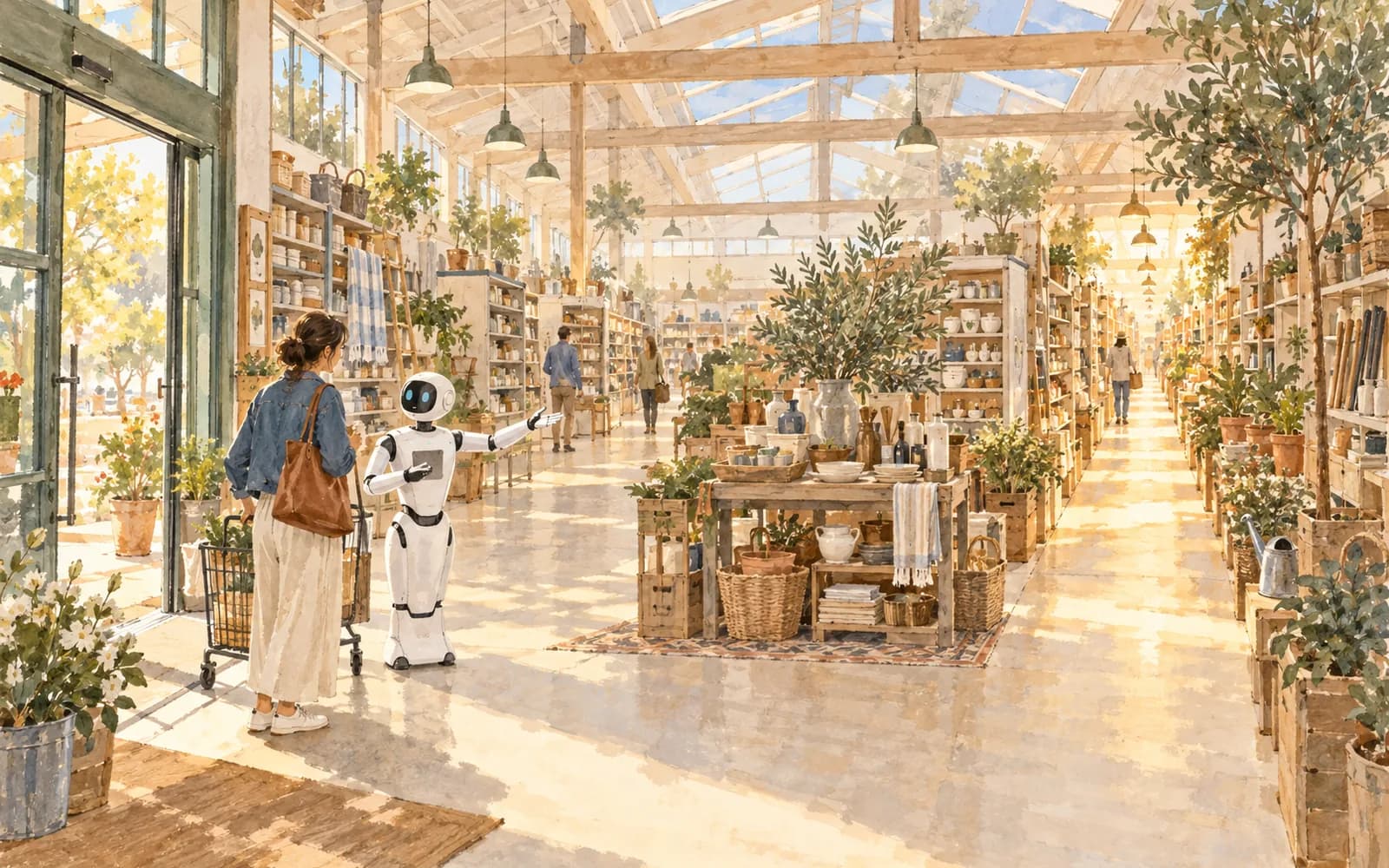 A white robot at a store entrance points a shopper toward one lit aisle among many.