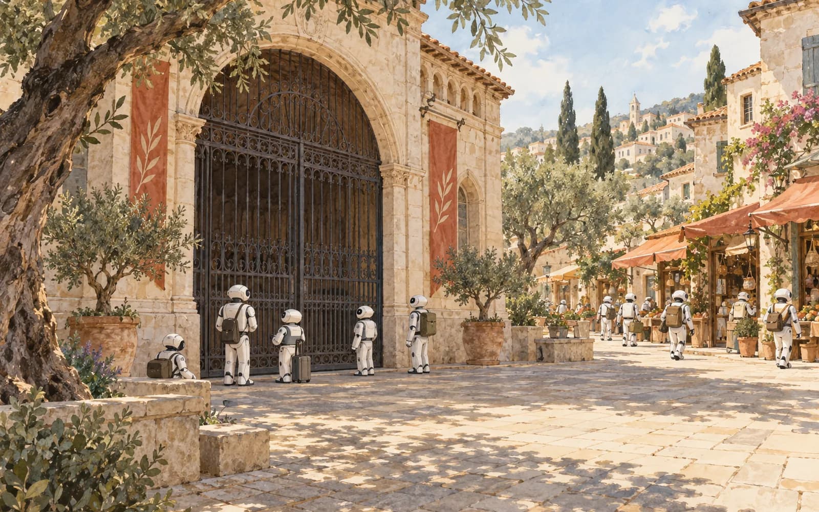 White robot agents wait at a marketplace's closed gate while others turn toward a lane of small open shops.