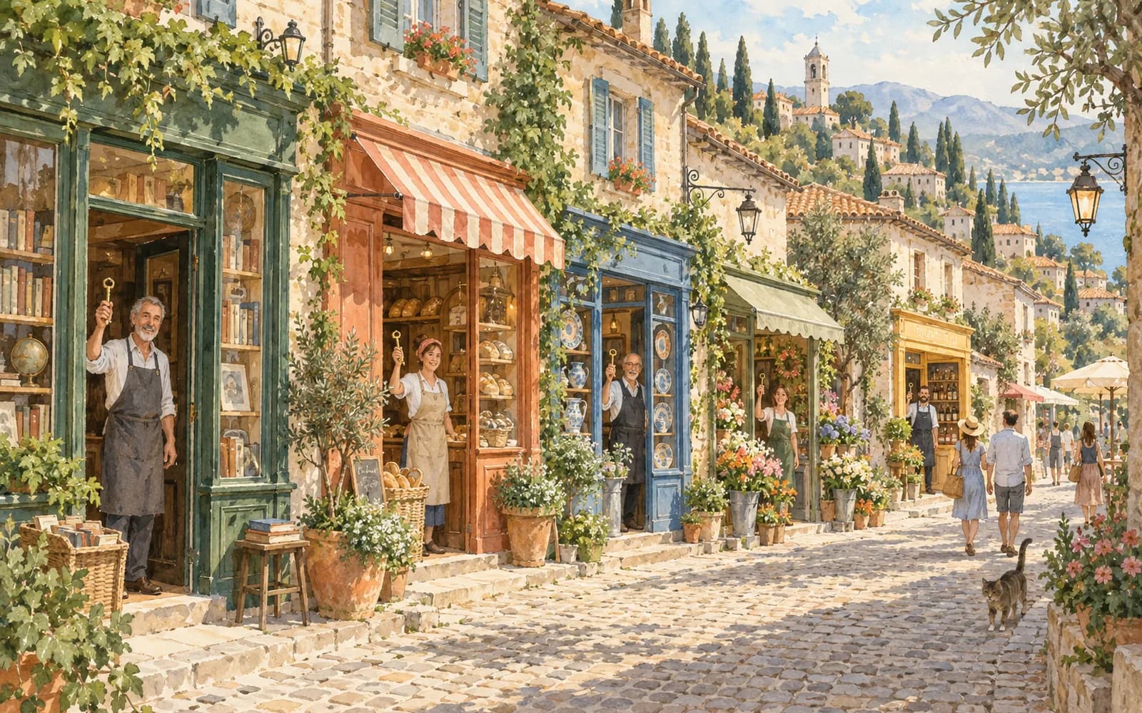 Shopkeepers stand in the doorways of distinct storefronts along a street, each holding a brass key.