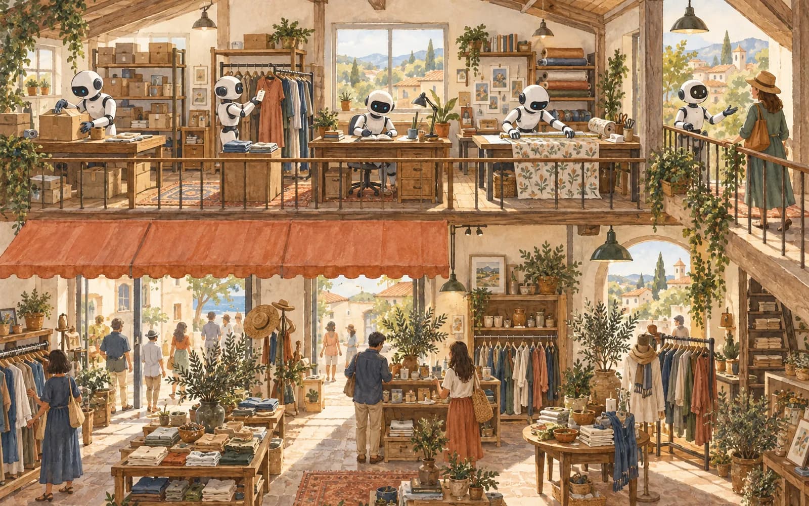 Five white robots each perform a different job at small workstations in a shop's loft above the sales floor.