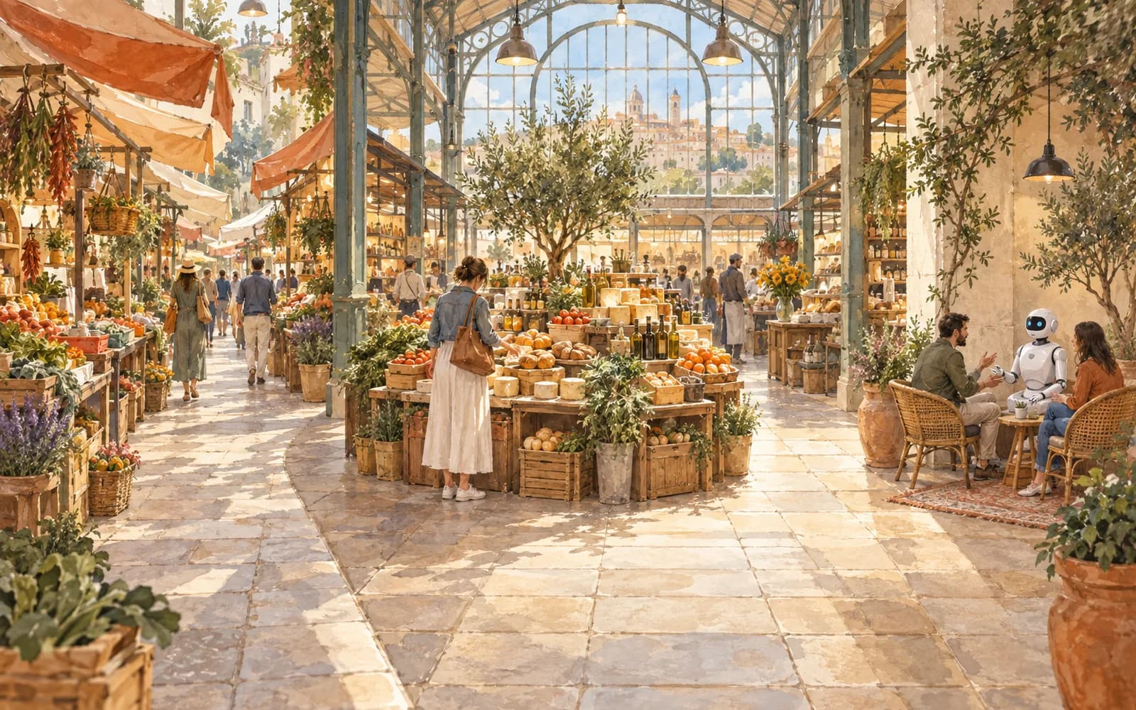 Three paths, a straight aisle, a winding lane, and a conversation corner, converge on one central market display.