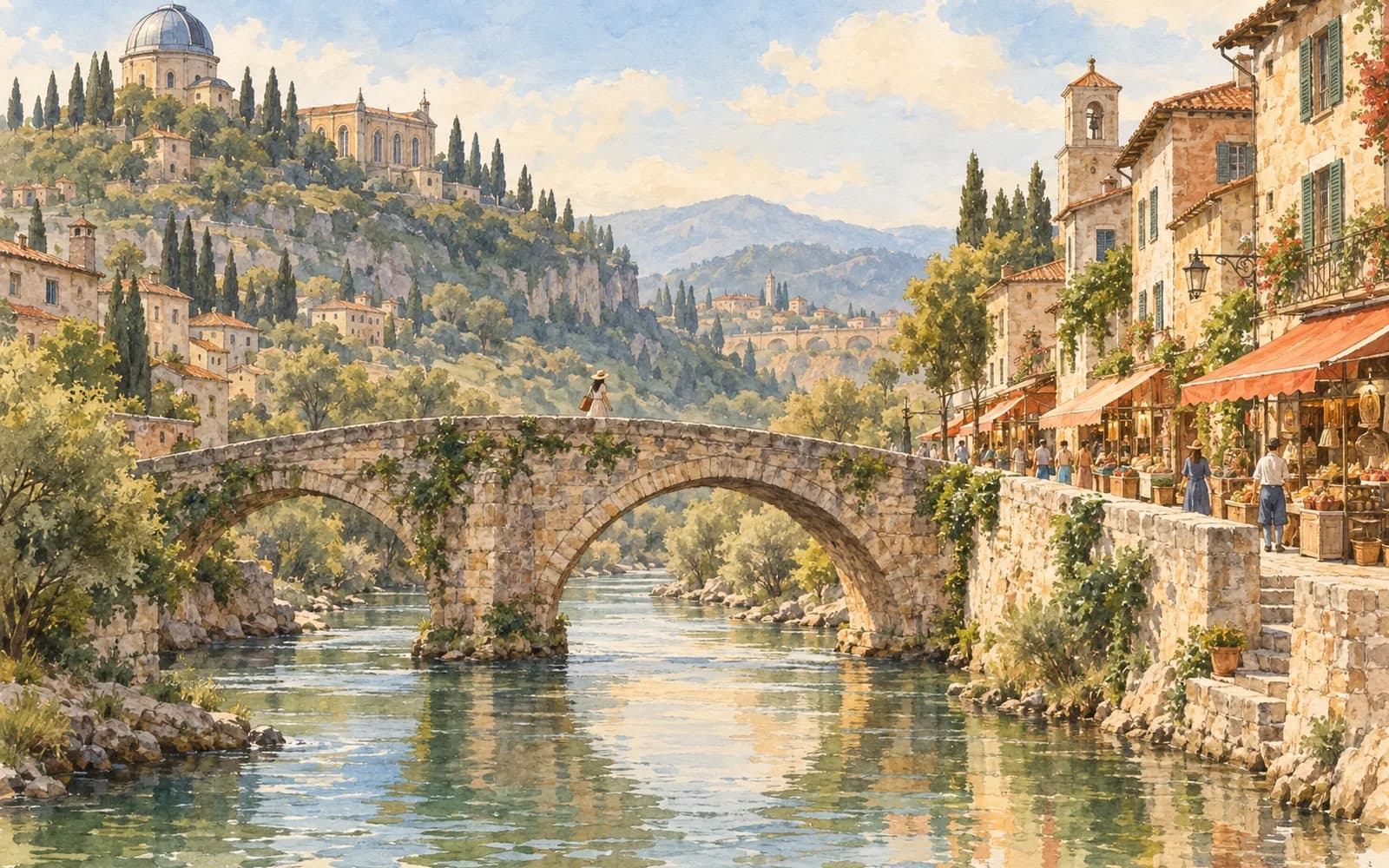 A shopper crosses a stone bridge between a hazy hilltop observatory and a bright market street.