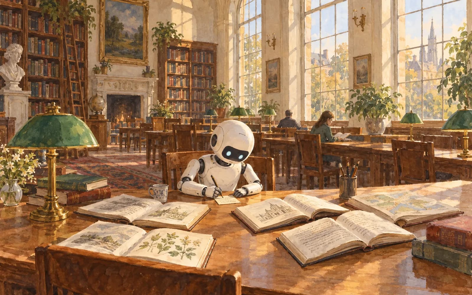 A white robot at a library table consults seven open books to write one card of notes.