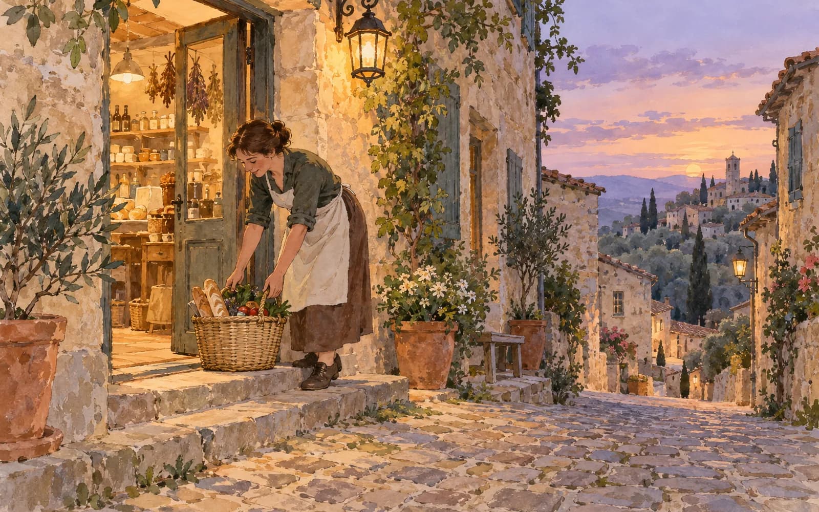 A shopkeeper retrieves a full shopping basket left on the step outside a small lantern-lit shop at dusk.