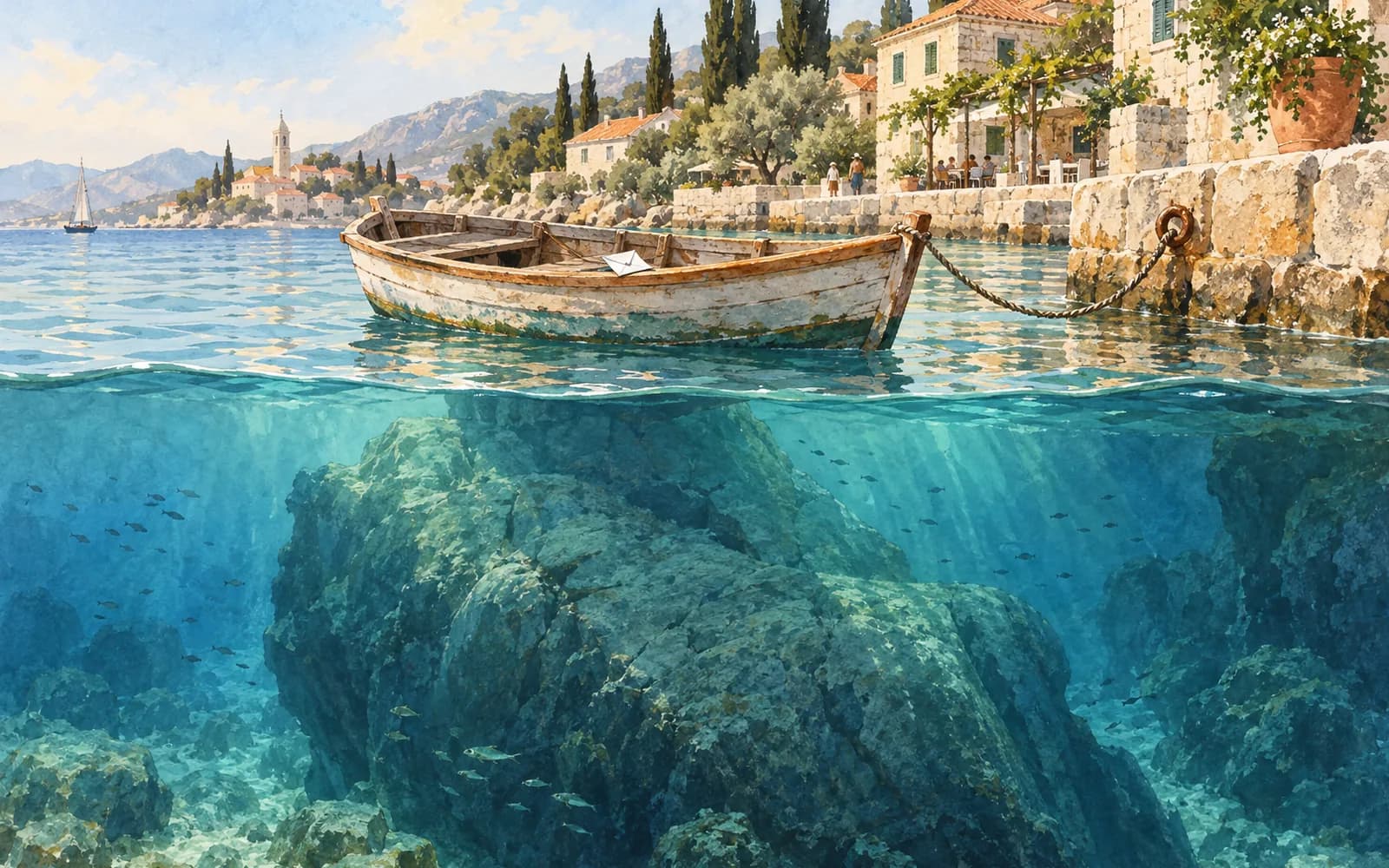 A small paper note rests in a rowboat above a vast submerged shape beneath the clear harbor water.