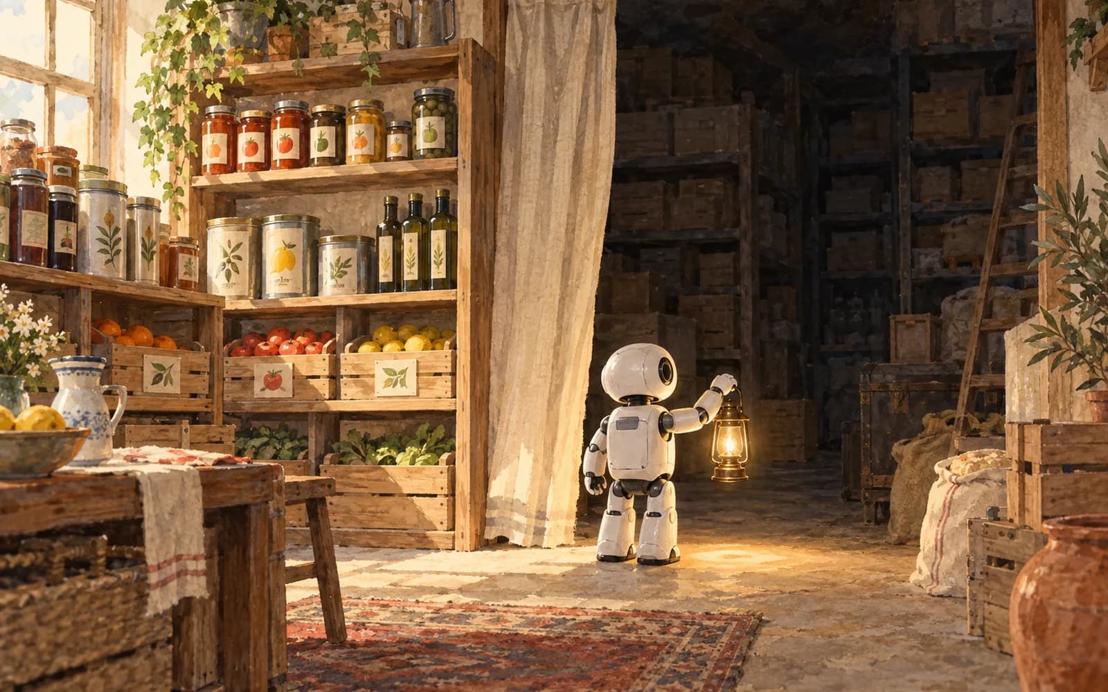 A white robot with a lantern faces shadowed unlabeled boxes behind a curtain in a storeroom of neatly labeled shelves.