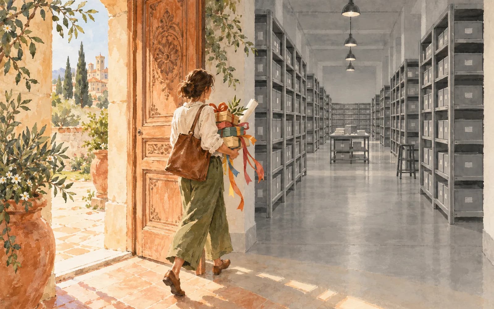 A shopper carrying colorful ribbons and notes steps through a warm doorway into a rigid grid of grey shelves.