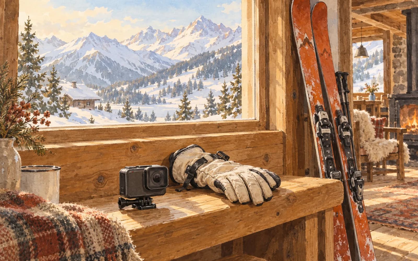 A small action camera, cream ski gloves, and orange skis rest by a lodge window with snowy mountains beyond.