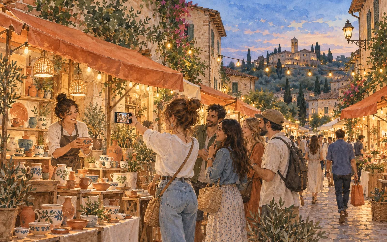 A creator films a market stall on a phone while a small crowd gathers and a shopper leaves with a bag.