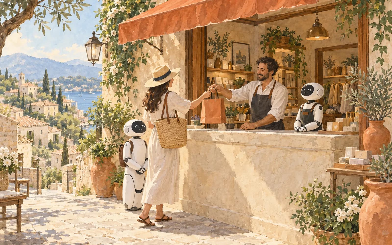 A shopper and a shopkeeper exchange a terracotta shopping bag at a boutique counter while a small white robot assistant stands beside each of them.
