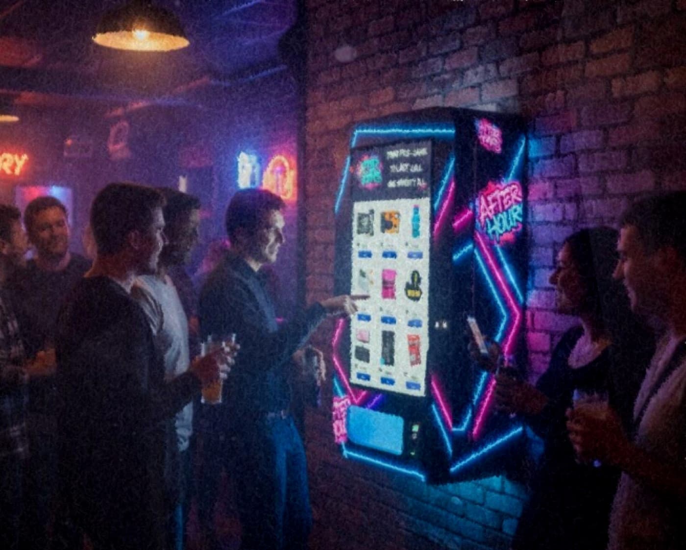 A VTM smart vending machine glowing in a neon-lit bar