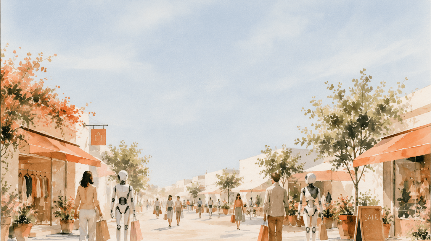 An illustrated plaza with shops and people gathering outside
