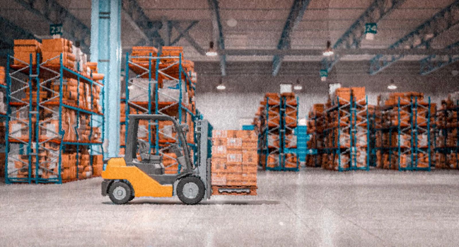Cases of product moving through a distribution warehouse