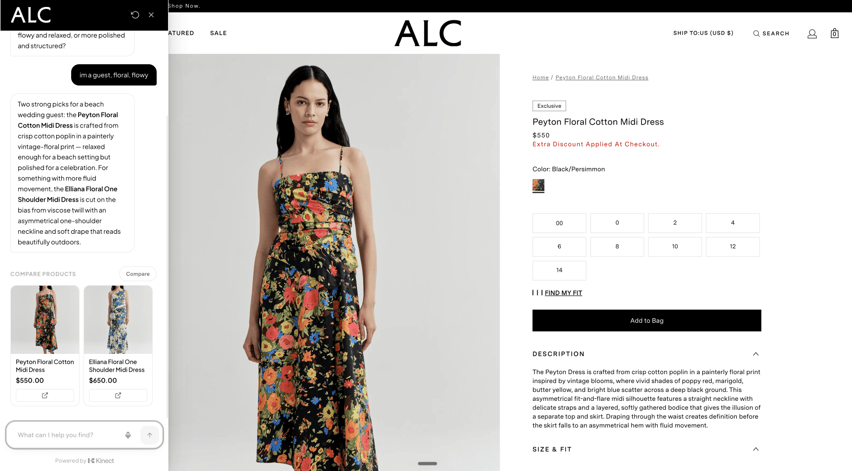 Kinect's AI stylist open on an A.L.C. product page, answering questions about the Peyton Floral Cotton Midi Dress