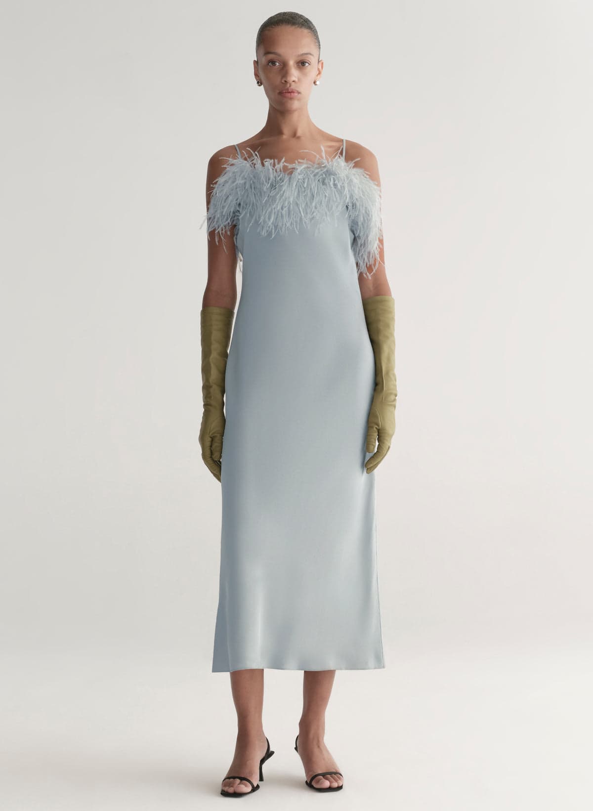 A.L.C. Odette feather-trimmed midi dress in slate blue