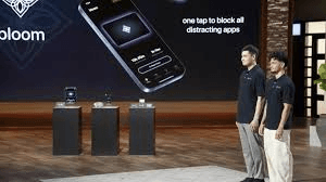 Bloom founders presenting the Bloom Card on ABC's Shark Tank — phone screen reads "one tap to block all distracting apps"