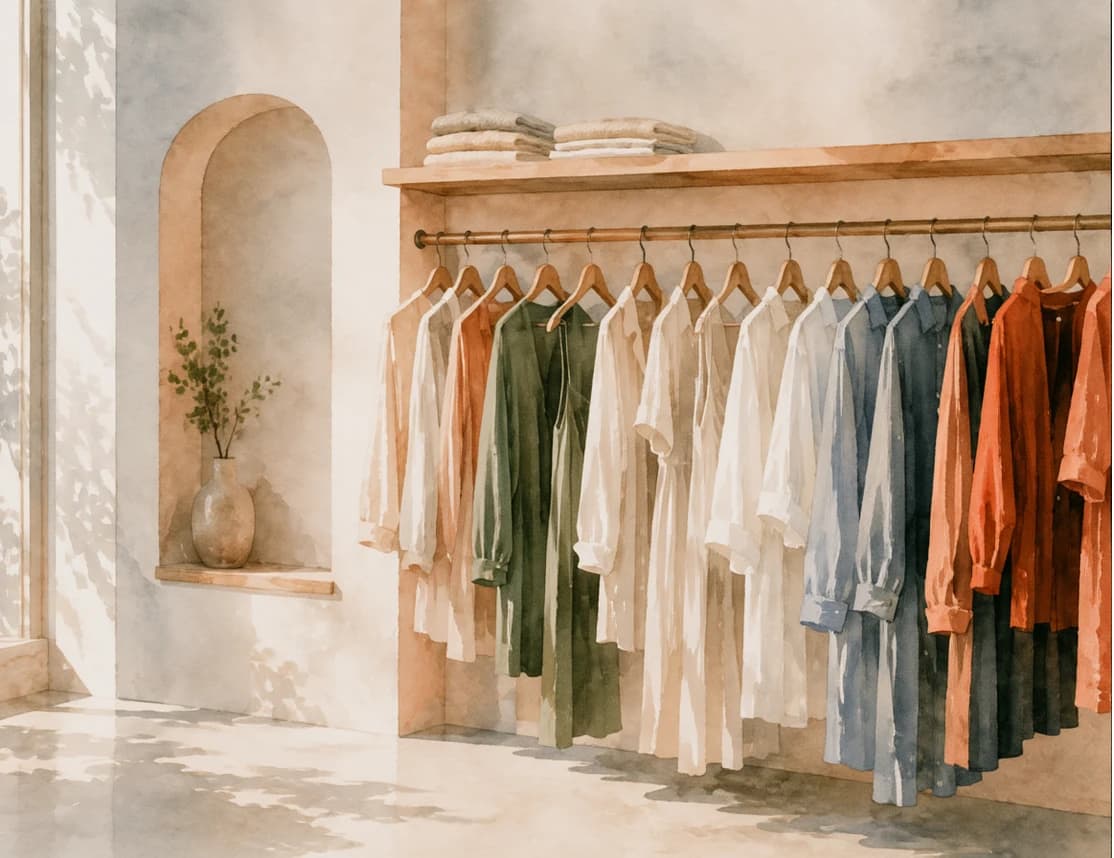 A watercolor clothing collection beneath a stone arch in a sunlit store