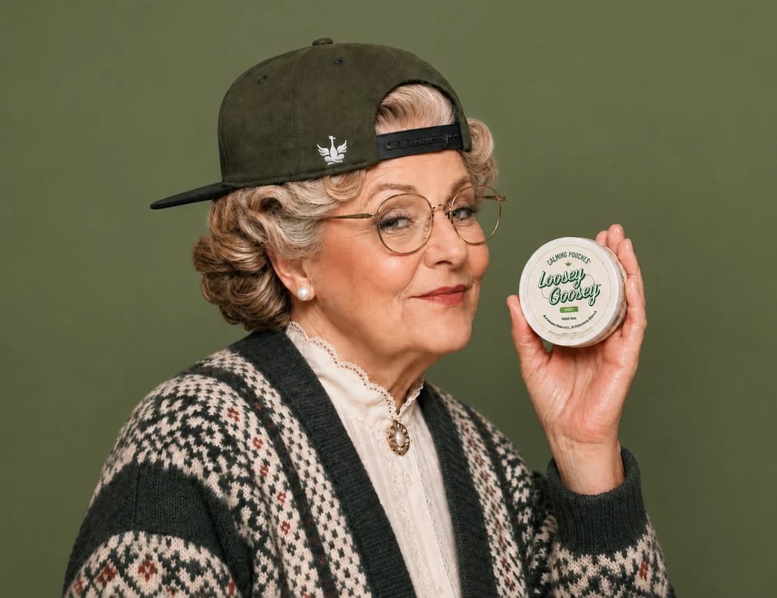 A woman in a green cap holding a Loosey Goosey pouch tin