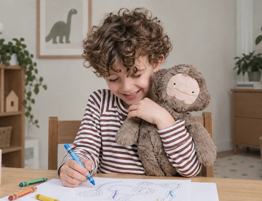 A child drawing while holding a Slumberkins plush companion