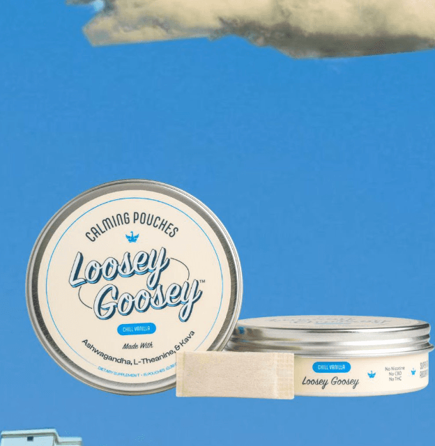 Loosey Goosey calming pouch tins floating against a blue sky