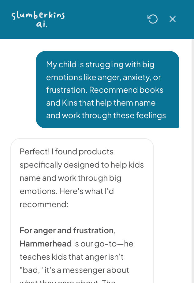 Slumberkins AI assistant recommending Hammerhead for a child working through anger and frustration