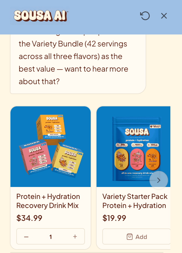 Sousa AI assistant recommending the Variety Bundle and Variety Starter Pack inside the storefront sidebar with prices and add-to-cart buttons