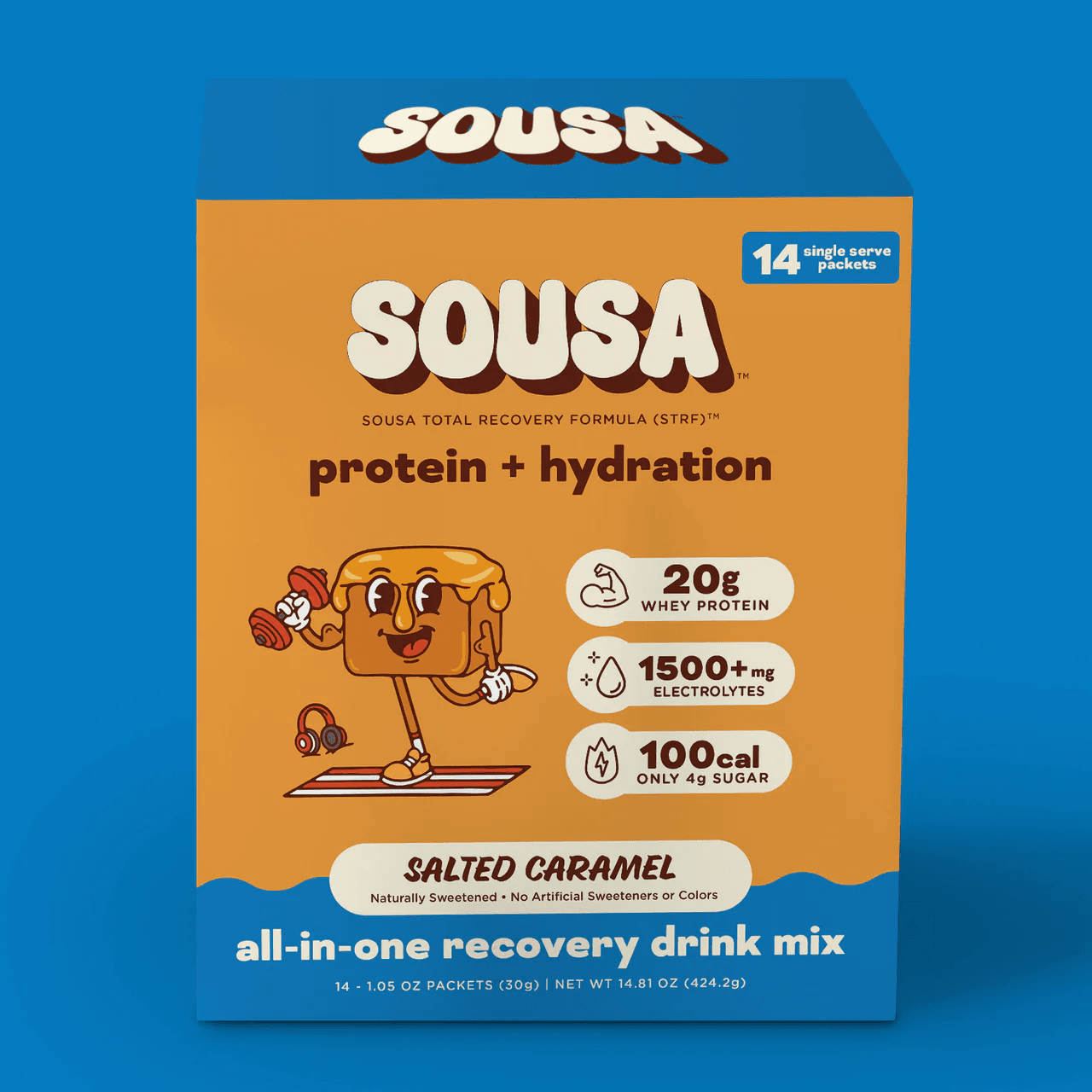 Sousa Salted Caramel protein + hydration recovery drink mix — 14 single-serve packets, 20g whey protein, 1500mg electrolytes, 100 calories, no artificial sweeteners or colors
