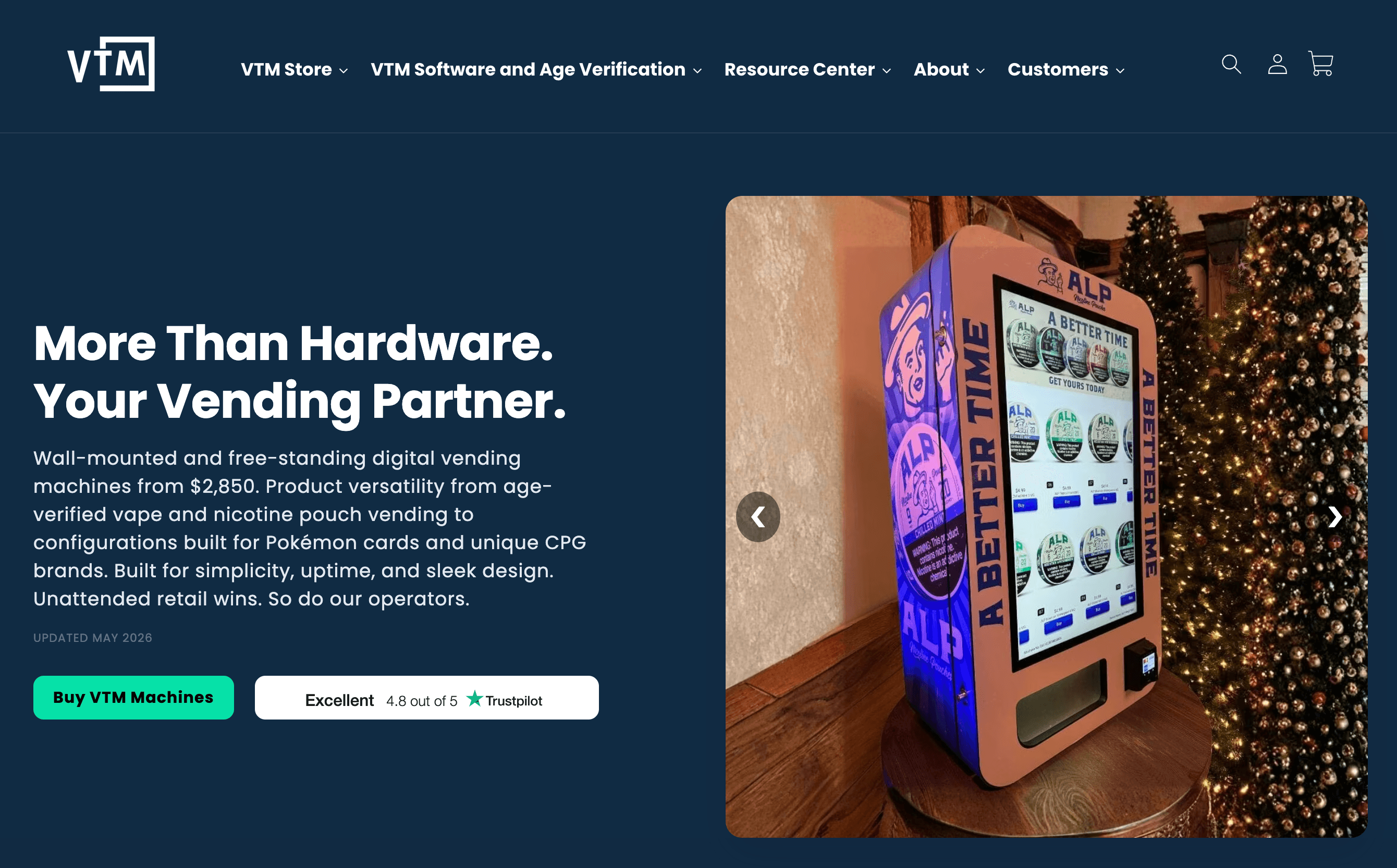 VTM Store homepage — "More Than Hardware. Your Vending Partner." with a free-standing age-verified vending machine and 4.8/5 Trustpilot rating