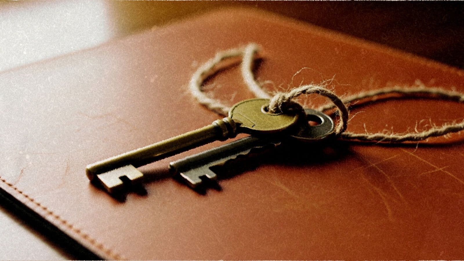 Two old brass keys tied together with twine on a leather desk pad.