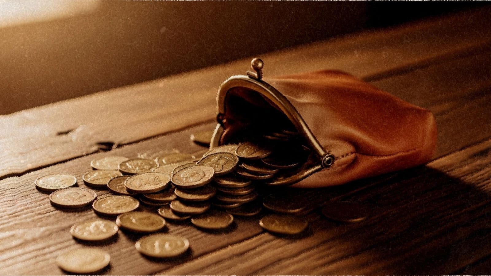 A leather coin purse spilling brass coins onto a wooden counter.