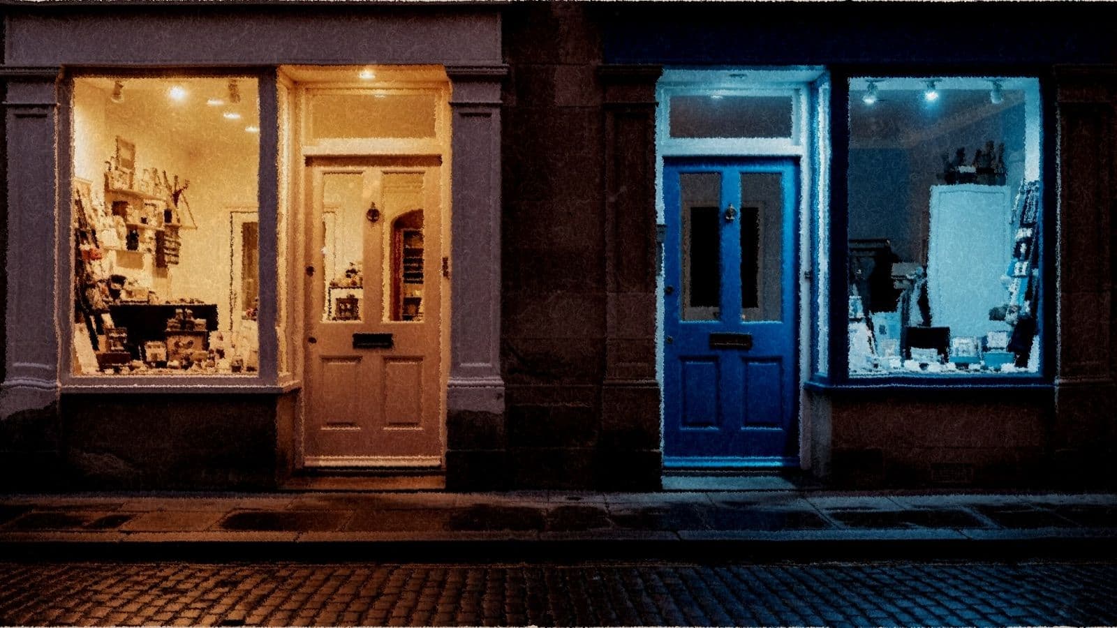 Two neighboring shop doorways at dusk, one glowing warm and one cool blue.