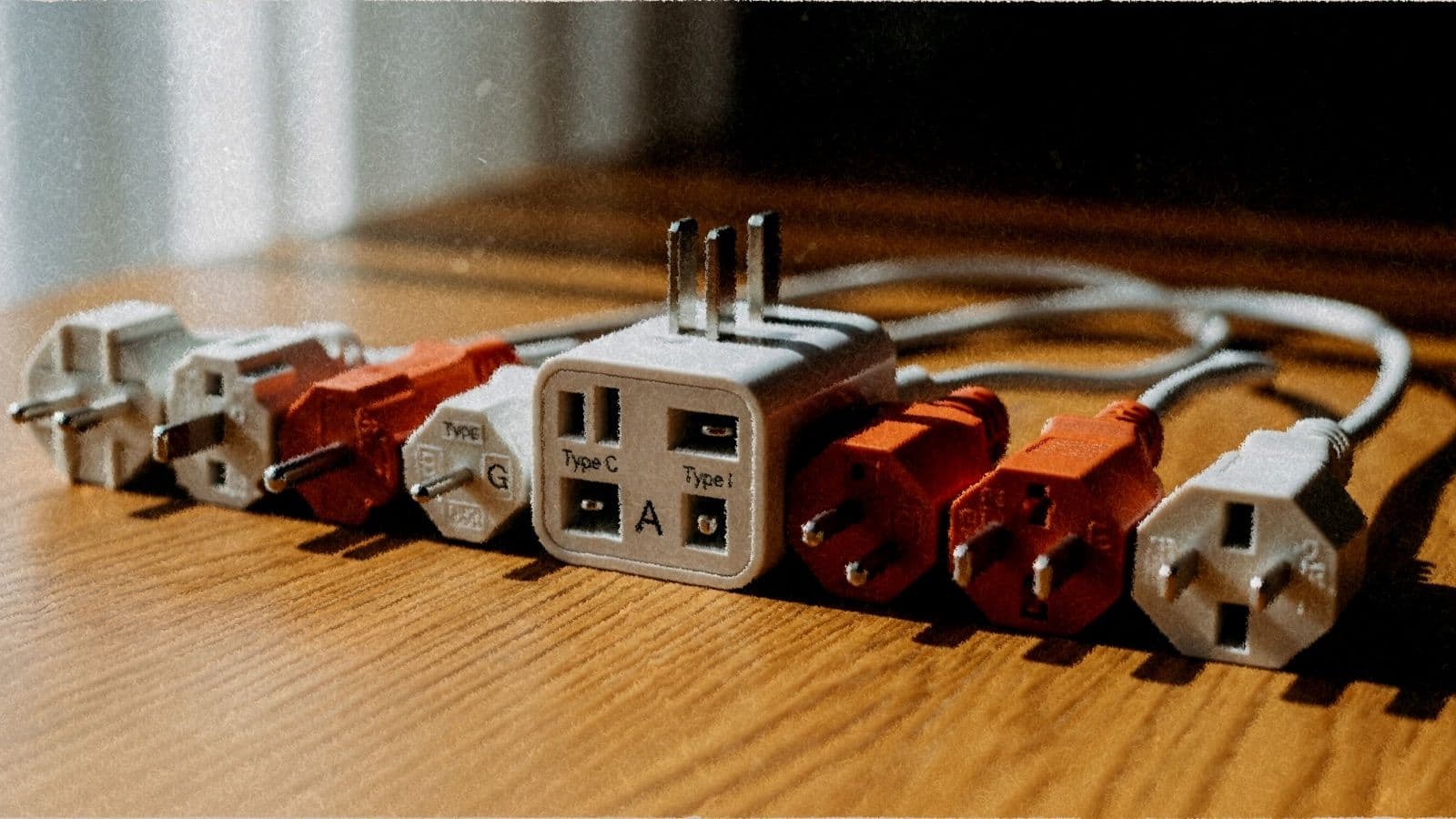 A universal travel adapter with several plug types arranged on warm oak.