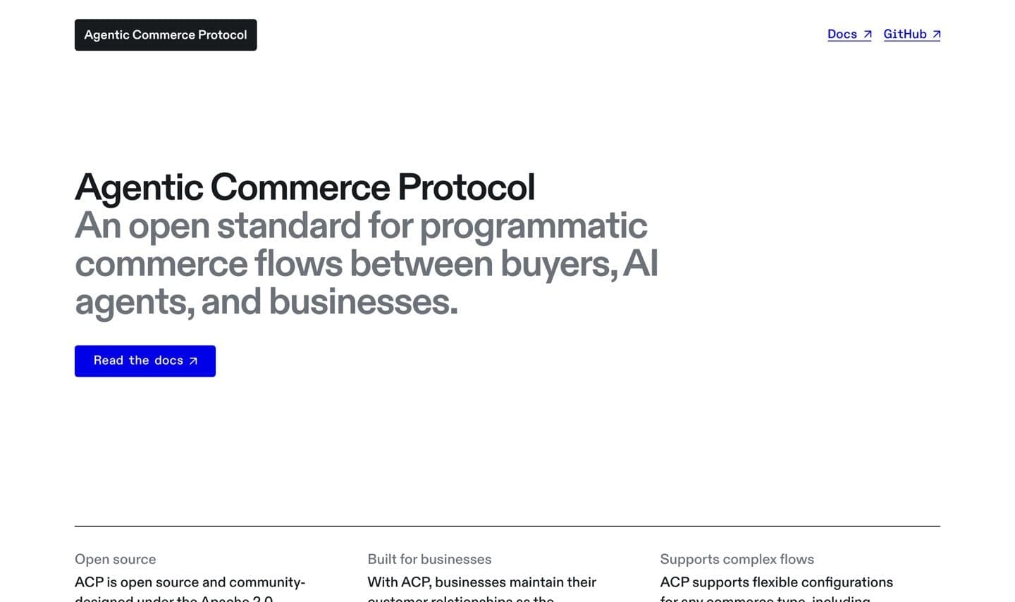 The Agentic Commerce Protocol specification site, documenting the open standard behind in-chat checkout.