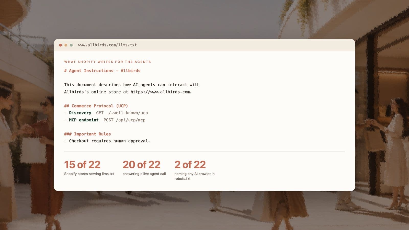 The opening of a Shopify-generated llms.txt file, headed 'Agent Instructions', showing the store's UCP discovery endpoint, its MCP endpoint, and the rule that checkout requires human approval, alongside scan figures of 15 of 22, 20 of 22 and 2 of 22.