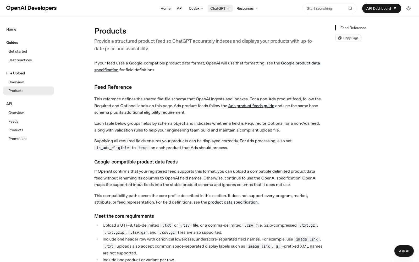 OpenAI Developers feed reference page for ChatGPT product feeds, showing the Google-compatible product data feed path, the is_ads_eligible flag, and the requirement to include one product or variant per row