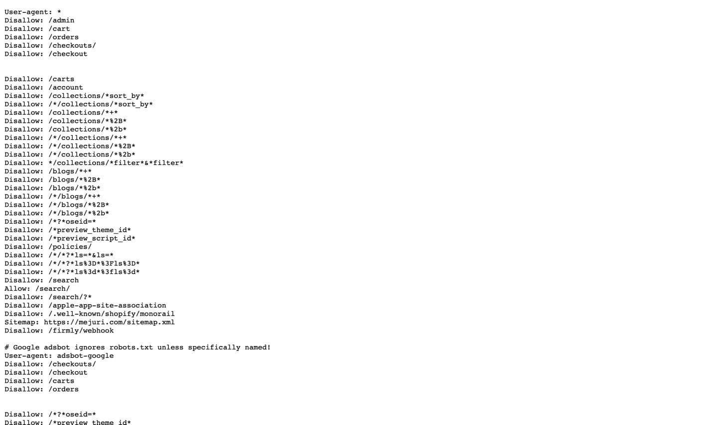 Mejuri's robots.txt file, showing a User-agent: GPTBot block followed by Allow: /, explicitly permitting OpenAI's crawler.