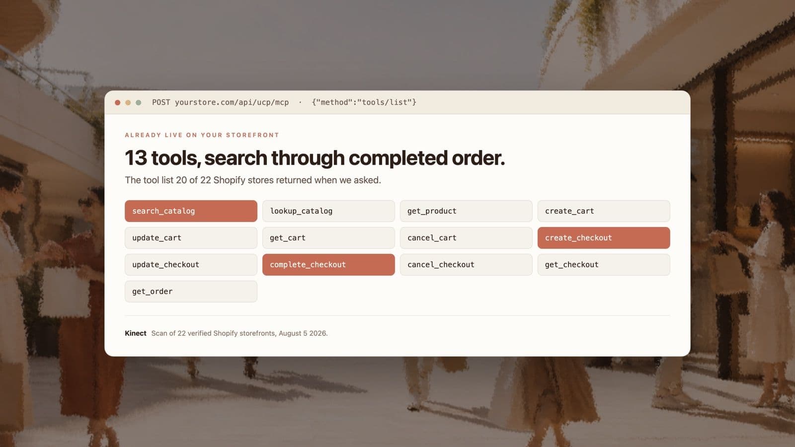 The 13 tools a Shopify storefront MCP endpoint returns to a tools/list call, laid out in a grid with search_catalog, create_checkout and complete_checkout highlighted.