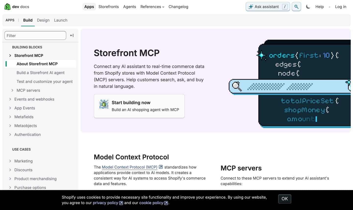 Shopify developer documentation page titled Storefront MCP, describing how to connect any AI assistant to real-time commerce data from Shopify stores.