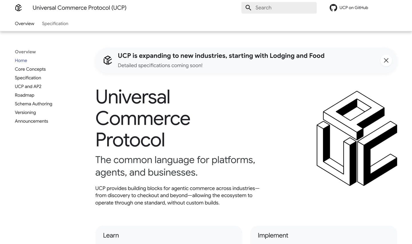The Universal Commerce Protocol site, describing a common language for platforms, agents and businesses, with Shopify, Google, Stripe, Walmart and others listed as co-developers.