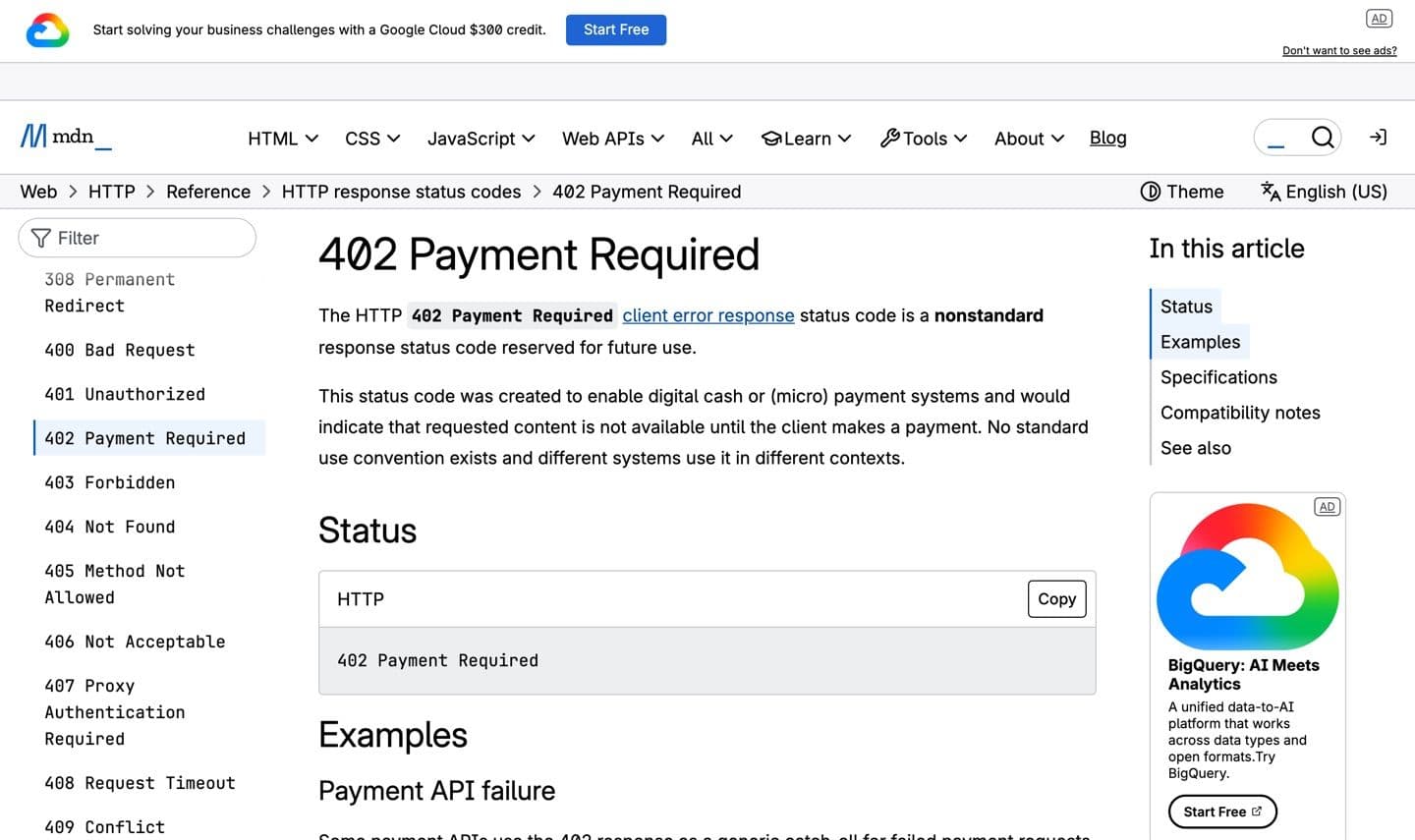 MDN documentation for HTTP status code 402 Payment Required, describing it as experimental and reserved for future use.